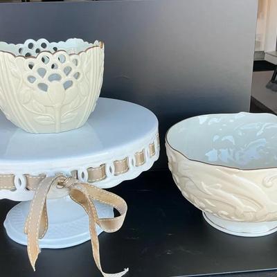 Lenox Ivory & Gold Trim Serving Set  2 Bowls + Ribbon-Trim Cake Stand
