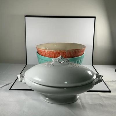 Lot of 3 Ceramic Serving Pieces – Portugal Bowls + White Covered Dish