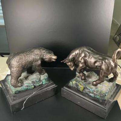 Heavy Bear & Bull Bookends – Marble Bases – Approx. 10 lbs Each
