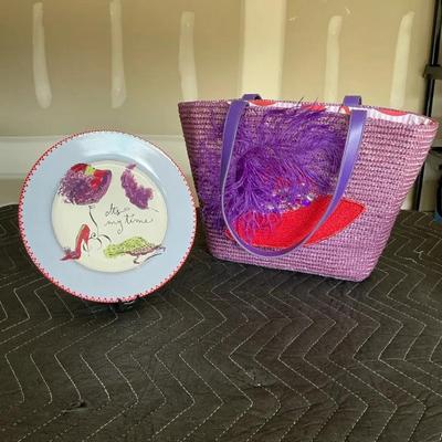 Red Hat Society Style Plate & Tote Bag Set – Purple & Red Fashion Theme
