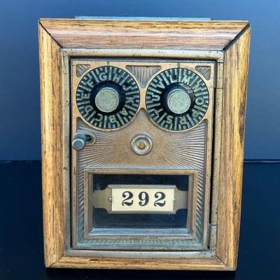 Vintage Brass U.S. Post Office Box Door With Wooden Bank
