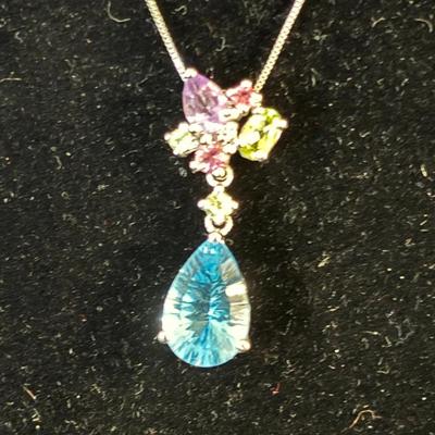 Sale Photo Thumbnail #121: 14Kt. White Gold Necklace W/ Pear Shape Blue Topaz & Multi-color Gemstone Pendant and Box Chain