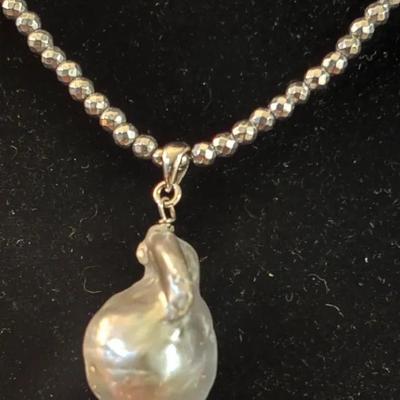 Sale Photo Thumbnail #127: Baroque Freahwater Pear Pendant on Silver Beaded Necklace