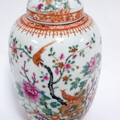 Sale Photo Thumbnail #89: 1088	CHINESE GINGER JAR WITH IMAGES OF FLOWERS AND BIRDS, DRILLED FOR A LAMP, APPROXIMATELY 10 1/2 IN 
