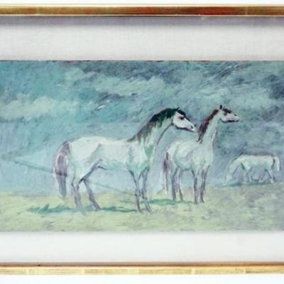 Sale Photo Thumbnail #6: 1006	OIL PAINTING ON BOARD, IMAGE OF HORSES, FRAMED UNDER GLASS, APPROXIMATELY 22 IN X 18 IN OVERALL
