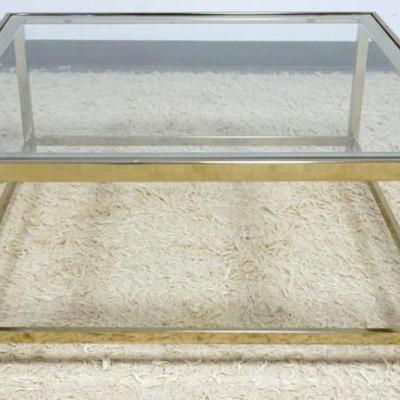 Sale Photo Thumbnail #212: 1204	BRASS COCKTAIL TABLE WITH INSET BEVELED GLASS TOP, APPROXIMATELY 35 IN SQ X 16 IN H
