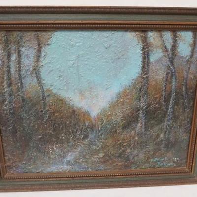 Sale Photo Thumbnail #49: 1048	ABSTRACT OIL PAINTING ON BOARD, LANDSCAPE, ARTIST SIGNED LOWER RIGHT, APPROXIMATELY 28 IN X 22 IN OVERALL
