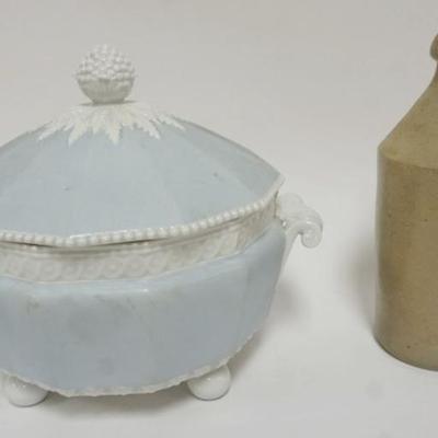 Sale Photo Thumbnail #129: 1128	IRONSTONE COVERED TUREEN AND STONEWARE BEER BOTTLE
