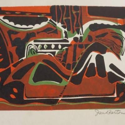 Sale Photo Thumbnail #77: 1076	JOHN MURRAY BARTON BLOCK PRINT, SIGNED AND DATED 1957, NO. 46/250, APPROXIMATELY 14 IN X 18 IN OVERALL
