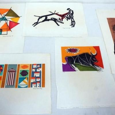 Sale Photo Thumbnail #78: 1077	GEORGE R. FERNANDEZ SIGNED AND NUMBERED LINOLEUM PRINTS, GROUP OF 5, LARGEST APPROXIMATELY 17 IN X 12 IN OVERALL
