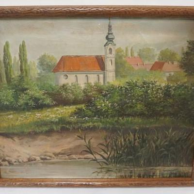 Sale Photo Thumbnail #51: 1050	OIL PAINTING ON CANVAS, LANDSCAPE WITH CHURCH AND EXTERIOR BUILDINGS ON WATERS EDGE, ARTIST SIGNED LOWER RIGHT, APPROXIMATELY 22 IN X 18 IN OVERALL

