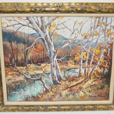 Sale Photo Thumbnail #46: 1045	ALEXANDER KLYMKO OIL PAINTING ON CANVAS, LANDSCAPE WOODED STREAM, APPROXIMATELY 37 IN X 31 IN OVERALL
