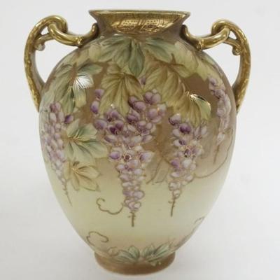 Sale Photo Thumbnail #103: 1102	HAND PAINTED NIPPON FLORA DOUBLE HANDLED VASE, APPROXIMATELY 9 3/4 IN H
