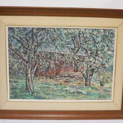 Sale Photo Thumbnail #2: 1002	ABSTRACT OIL PAINTING ON BOARD, IMAGE OF BARN IN WOODED AREA, TEXTURED PAINT, ARTIST SIGNED ELSIE JONES,APPROXIMATELY 40 IN X 31 IN OVERALL, *STILL ANOTHER SPRING* ELSIE SMITSTER JONES

