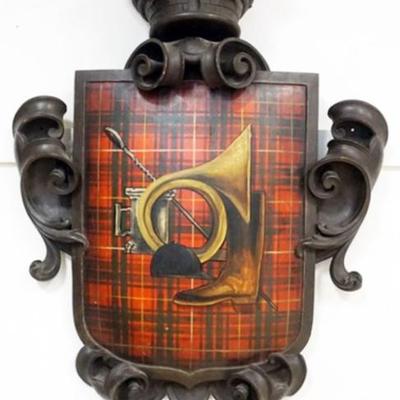 Sale Photo Thumbnail #245: 1236	LARGE HANGING WOOD CARVED SCOTTISH CREST WITH IMAGE OF FOX HUNT HORN, BOOTS ETC., APPROXIMATELY 36 IN X 56 IN H, SOME LOSS TO TOP
