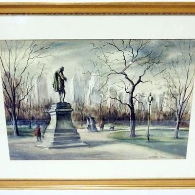Sale Photo Thumbnail #45: 1044	SANDFORD ROSA SIGNED WATERCOLOR, IMAGE OF PARK IN CITY, MATTED UNDER GLASS, APPROXIMATELY 29 IN X 22 IN OVERALL
