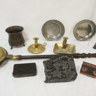 Sale Photo Thumbnail #141: 1135B	GROUP OF ASSORTED PRIMITIVE ITEMS INCLUDING BED WARMER, CANDLE MOLD, PEWTER PLATES, WALL STAMPS, ETC

