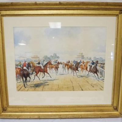 Sale Photo Thumbnail #47: 1046	LARGE FRAMED ANTIQUE WATERCOLOR, ARTIST SIGNED AND DATED 1894 WITH SCENE DEPICTING A START OF A HORSE RACE, APPROXIMATELY 44 IN X 39 IN OVERALL
