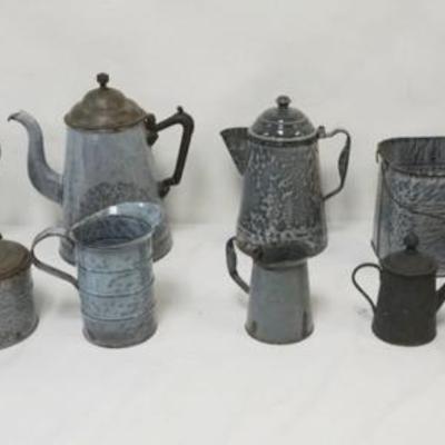 Sale Photo Thumbnail #139: 1135	LARGE GROUP OF ASSORTED ENAMELWARE INCLUDING COFFEE POTS, GROWLER, PAIL, ETC., LARGEST PIECE APPROXIMATELY 12 IN H
