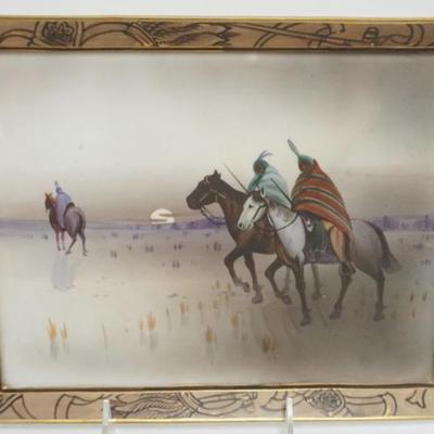 Sale Photo Thumbnail #112: 1111	HAND PAINTED NIPPON RECTANGULAR PLAQUE WITH IMAGE OF AMERICAN INDIAN ON HORSE BACK, APPROXIMATELY 8 IN X 10 1/4 IN
