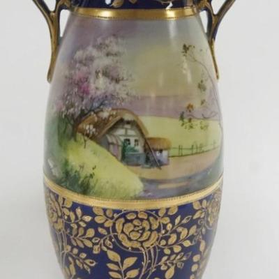 Sale Photo Thumbnail #105: 1104	HAND PAINTED COBALT BLUE NIPPON DOUBLE HANDLED VASE, APPROXIMATELY 12 IN H
