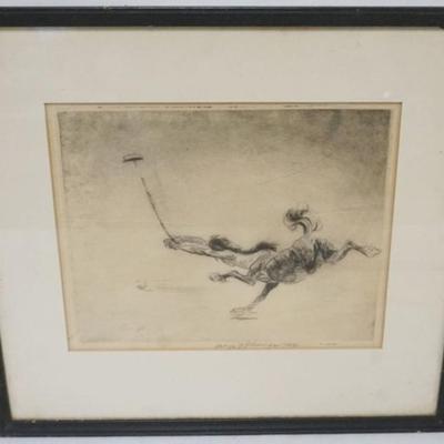 Sale Photo Thumbnail #76: 1075	SIGNED ETCHING, DATED 1936, ABSTRACT IMAGE OF HORSE, ARTIST SIGNED, APPROXIMATELY 14 IN X 15 IN OVERALL
