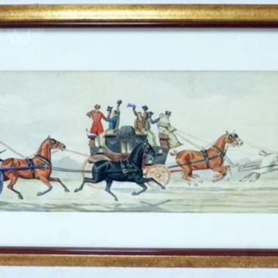 Sale Photo Thumbnail #9: 1008	FRAMED AND MATTED WATERCOLOR OF COACHING SCENE, ARTIST SIGNED LOWER RIGHT, APPROXIMATELY 39 IN X 19 IN OVERALL, SOME FOXING
