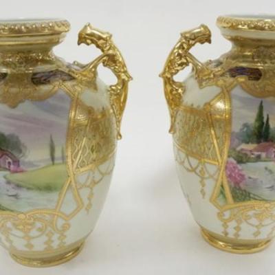 Sale Photo Thumbnail #107: 1106	PAIR OF HAND PAINTED NIPPON DOUBLE HANDLED VASES, EACH APPROXIMATELY 10 IN H
