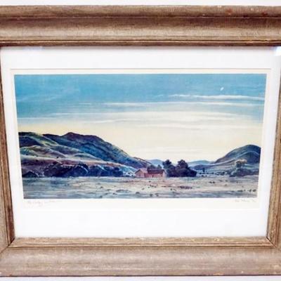 Sale Photo Thumbnail #35: 1034	PETER HURD, *THE VALLEY IN SUMMER* SIGNED, FRAMED AND MATTED PRINT, PENCIL ANNOTATED ON LOWER EDGE, APPROXIMATELY 19 IN X 23 IN OVERALL
