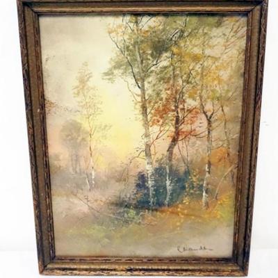 Sale Photo Thumbnail #52: 1051	PASTEL LANDSCAPE WOODED AREA WITH BIRCH TREES, SIGNED CHANDLER, APPROXIMATELY 10 IN X 13 IN OVERALL
