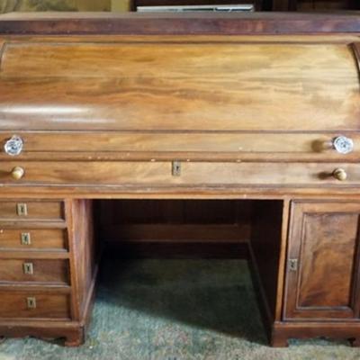 Sale Photo Thumbnail #236: 1227	ANTIQUE MAHOGANY CYLINDER DESK, APPROXIMATELY 57 IN X 28 IN X 46 IN H

