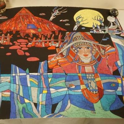 Sale Photo Thumbnail #86: 1085	HE DE GUAN *LADY WITH THREAD* SIGNED AND NUMBERED 37/40, APPROXIMATELY 36 IN X 36 IN ARTIST PROOF
