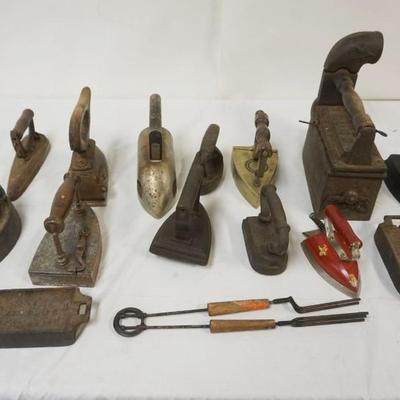 Sale Photo Thumbnail #135: 1133A	GROUP OF ASSORTED FLAT IRONS, COAL IRON, CURLING IRONS, ETC
