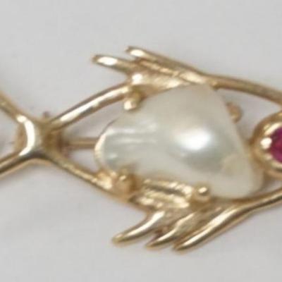 Sale Photo Thumbnail #169: 1161	14K GOLD FISH SEED PEARL TYPE PIN WITH RED STONE EYE, APPROXIMATELY 1 1/2 IN LONG, 1.28 DWT INCLUDING STONES

