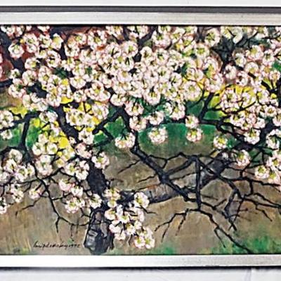 Sale Photo Thumbnail #22: 1021	OIL PAINTING ON CANVAS, CHERRY BLOSSOMS, ARTIST SIGNED LOWER LEFT, APPROXIMATELY 19 IN X 32 IN OVERALL
