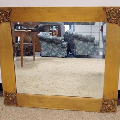 Sale Photo Thumbnail #244: 1235	ANTIQUE HANGING MIRROR, MIRROR HAS BEVELED EDGE, APPROXIMATELY 39 IN X 34 IN 
