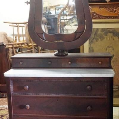 Sale Photo Thumbnail #237: 1228	EMPIRE MARBLE TOP CHEST OF DRAWERS WITH MIRROR TOP AND HARP THAT SWIVELS, APPROXIMATELY 42 IN X 20 IN X 76 IN H
