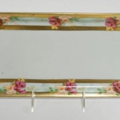 Sale Photo Thumbnail #113: 1112	HAND PAINTED AUSTRAIN DOUBLE HANDLE TRAY WITH IMAGES OF ROSES ON BORDER, APPROXIMATELY 19 IN X 6 1/2 IN
