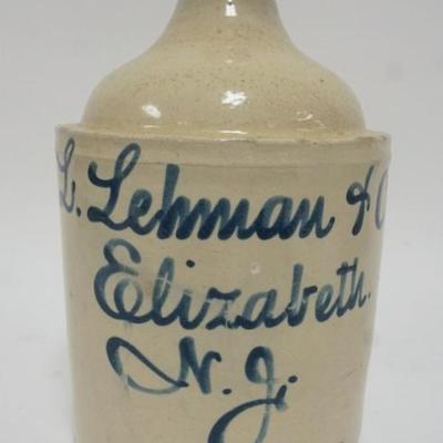 Sale Photo Thumbnail #130: 1129	ANTIQUE SCRIPT JUG, L. LEHMAN & CO. ELIZABETH NJ, APPROXIMATELY 12 IN H
