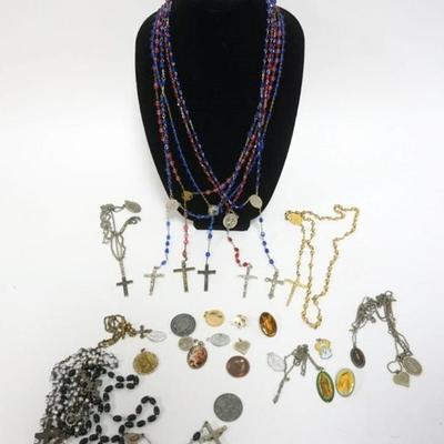 Sale Photo Thumbnail #180: 1172	ASSORTED RELIGIOUS JEWELRY INCLUDING 9 ROSARIES, 3 CROSS NECKLACES AND OTHER NECKLACES ETC.
