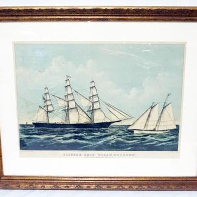 Sale Photo Thumbnail #40: 1039	FRAMED AND MATTED PRINT *CLIPPER SHIP OCEAN EXPRESS*, APPROXIMATELY 27 1/5 IN X 35 IN OVERALL
