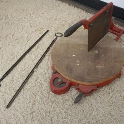 Sale Photo Thumbnail #138: 1134A	VINTAGE CHEESE CUTTER WITH 2 SAMPLING RODS, CUTTER APPROXIMATELY 24 IN X 16 IN X 12 IN H
