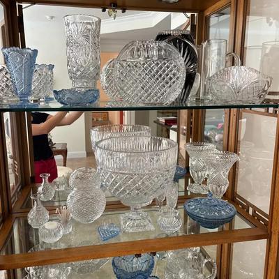 Large Collection of Cut Crystal & Blue Pressed Glass Pieces