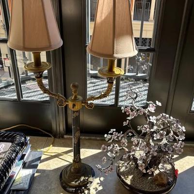 Vintage Two-Light Brass Lamp & Gemstone Bonsai Tree Décor Set