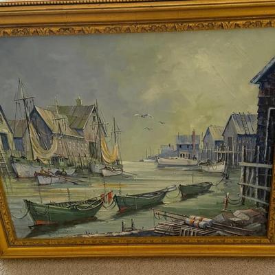 Large Framed Harbor Village Oil Painting