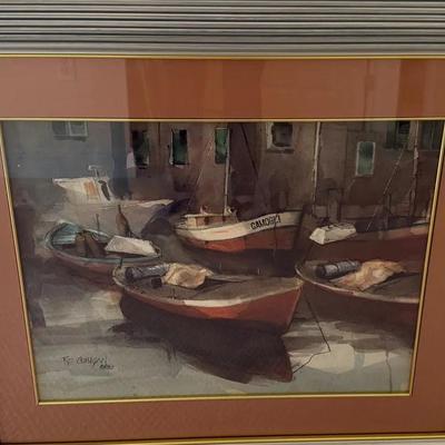 Framed R.E. Culligan Harbor Boats Watercolor (1980)