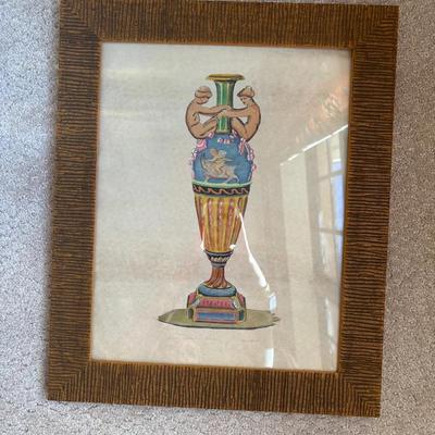 Framed Vintage Architectural Vase Illustration – Signed “Londra”