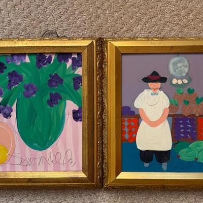 Pair of Colorful Signed Folk-Art Paintings – Market Vendor & Floral Still Life