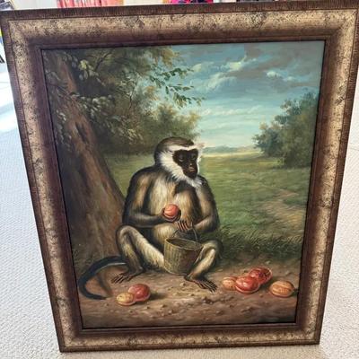 Large Framed Monkey With Fruit Oil Painting