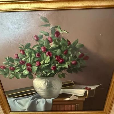 Large Framed Still Life Oil Painting with Roses
